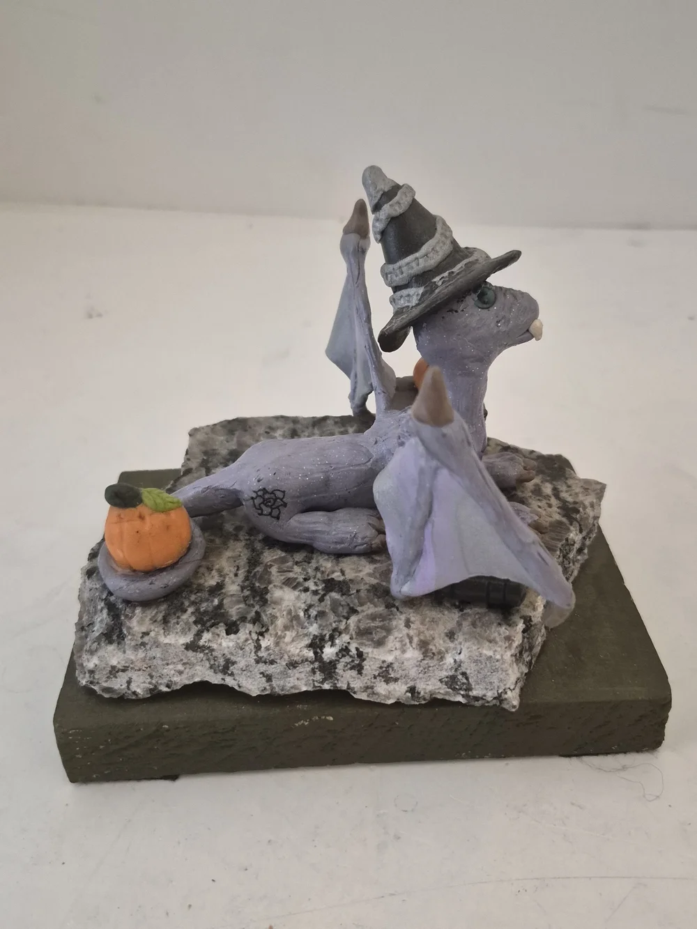 Lavender Dragon Figurine Wearing Witch Hat with Books And Pumpkins